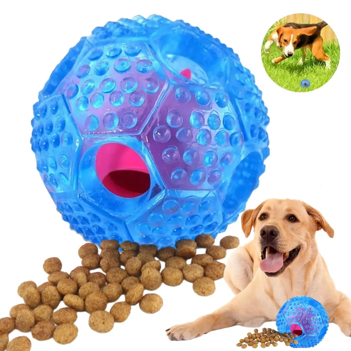 Rirool Dog Pet Food Treat Feeder Chew Toys - Tooth Cleaning Ball. Dispensing Dog Toys for Small Medium Dog Puppy - Squeaky Balls. Interactive Dog Toys Blue