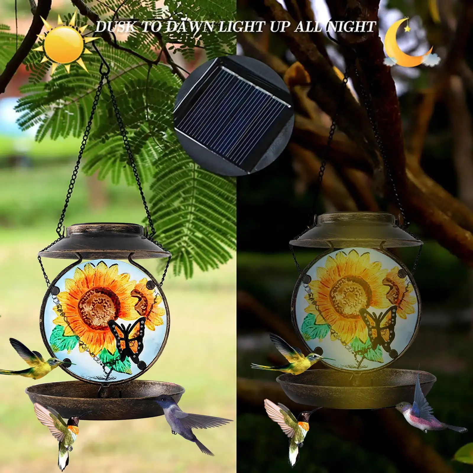 RnemiTe-amo Solar Powered Bird Bath for Outdoor Hanging.2 in 1 Multifunctional Bird Feeder Lantern. Smart Bird Feeder with Solar Garden Light. Waterproof Garden Bird Feeding Metal Tray