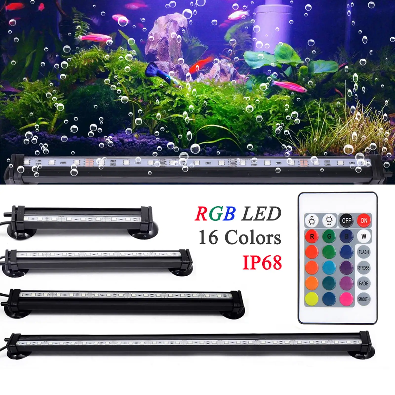 Rosnek RGB Aquarium Lights. Underwater LED Fish Tank Lights IP68 Waterproof Color Changing Submersible Air Bubble Lamp with Remote Control LED Light bar Stick