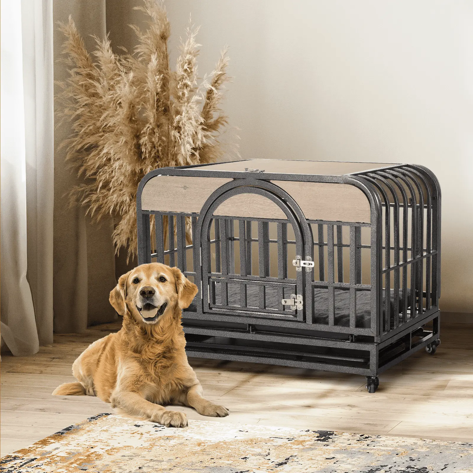 Royard Oaktree Dog Crate Furniture with Arched Door and Flip-up Top. 32 Heavy Duty Dog Crate with Removable Tray and Thick Cushion. Furniture Style Lockable Dog House Kennel Cage with Wheels. Grey