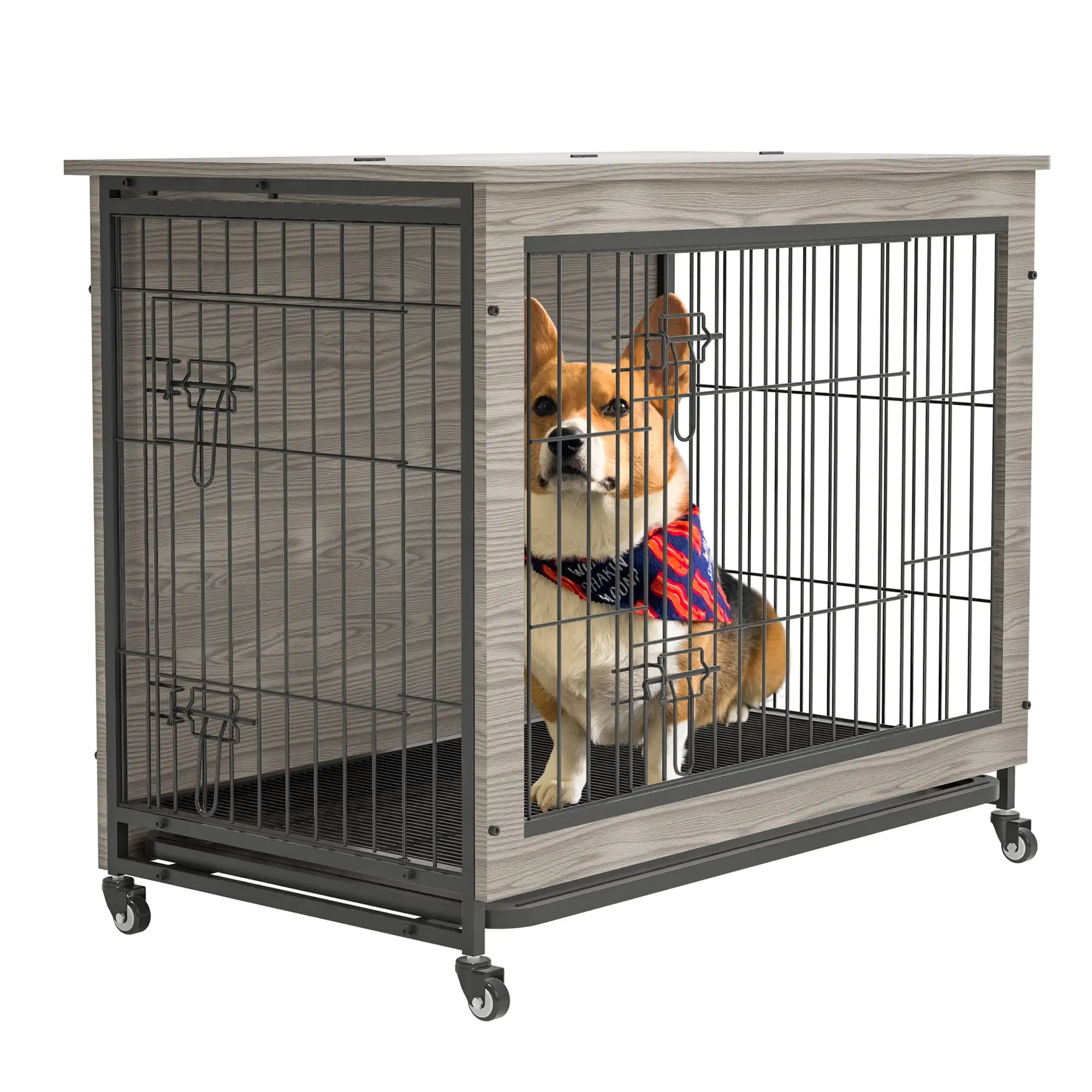 Royard Oaktree Dog Crate Furniture with Double Doors and Flip Top. 23.6 Wood Dog Crate Table with Pull-out Tray and Cushion. Furniture Style Dog House Kennel Cage with Wheels. Grey