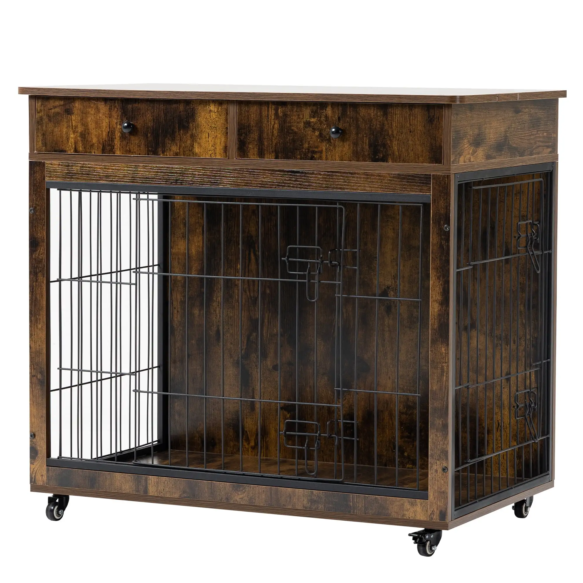 Royard Oaktree Dog Crate Furniture with Double Doors. Furniture Style Pet Crate End Table with 2 Storage Drawers. 31.7 Decorative Dog Kennel Cage on Wheels for Small Medium Dogs. Rustic Brown