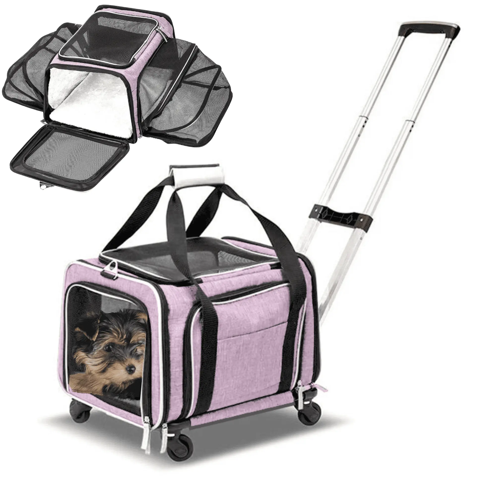 Ruff Life Airline Approved Expandable Premium Pet Carrier on Wheels- Two Sided Expandable Rolling Carrier- Designed for Dogs & Cats- Extra Spacious Soft Lined Carrier! - Pink