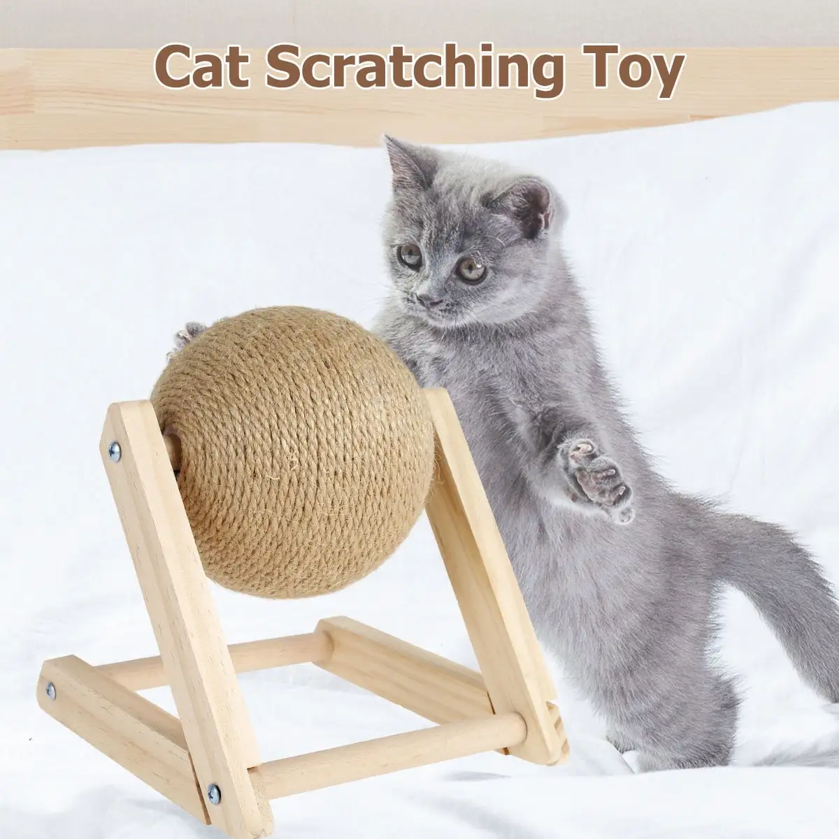 Rzvnmko Cat Scratcher Toy with Ball. Natural Sisal Cat Scratching Ball. Scratching Ball for Cats and Kittens. Interactive Solid Wood Scratcher Pet Toy