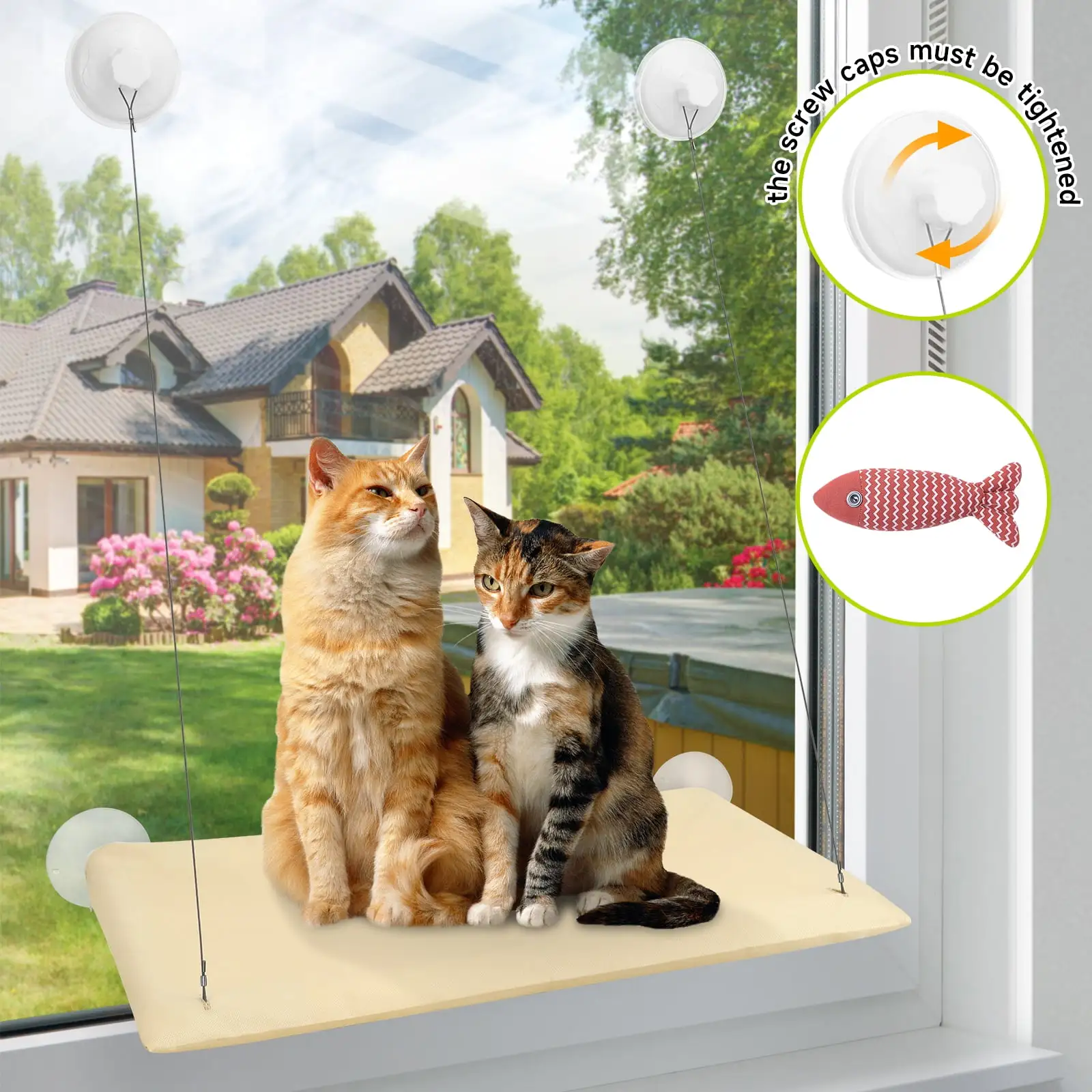 SAN LIKE Cat Window Perch - Cat Window Hammock Space-Saving Cat Hammock Pet Hammock & Thickened Wire/Strong Swivel Suction Cup/With Linen Pet Toy Fish for Cats Full 360?? Sunbathing