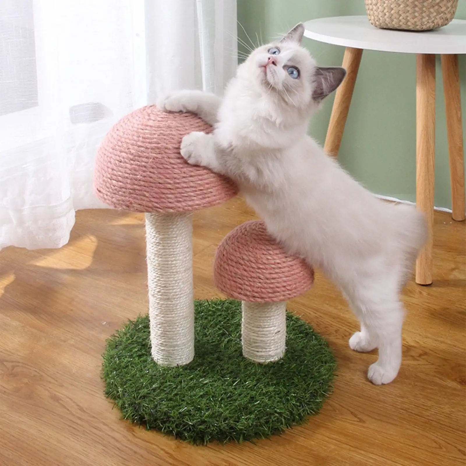 SDJMa Cat Scratching Post. Mushroom Claw Scratching Post for Cat. Natural Sisal Cat Scratchers with 2 Mushroom Pole. Cat Interactive Toys.11.81x13in(Pink)