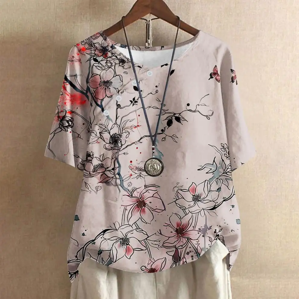 SDNall Blouses for Women Dressy Casual Round Neck Casual Button Printed Short Sleeve Blouse/Shirt