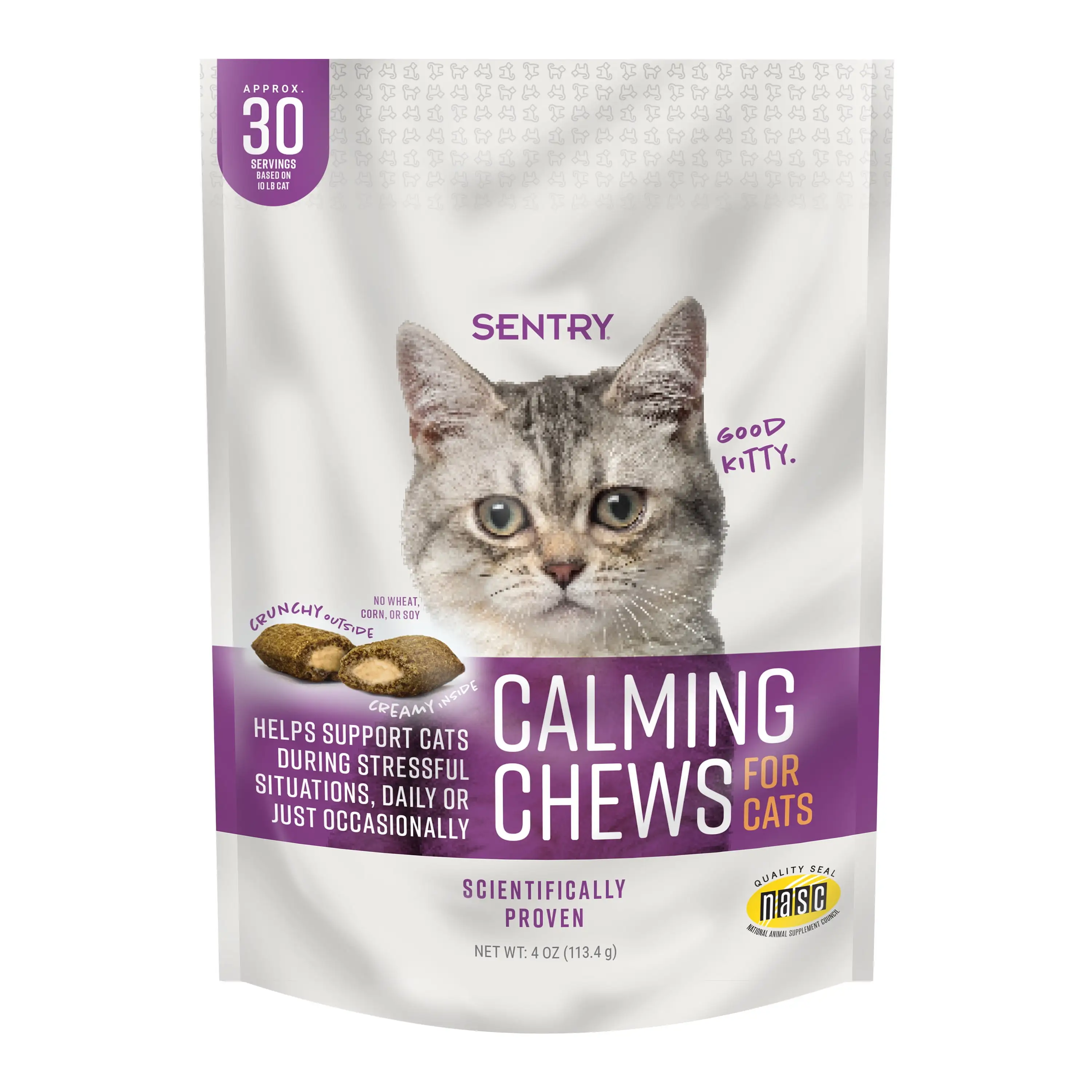 SENTRY Calming Chews for Cats. Treat Anxiety and Stress. Chicken Flavor. 4 Ounce Bag. 30 Servings