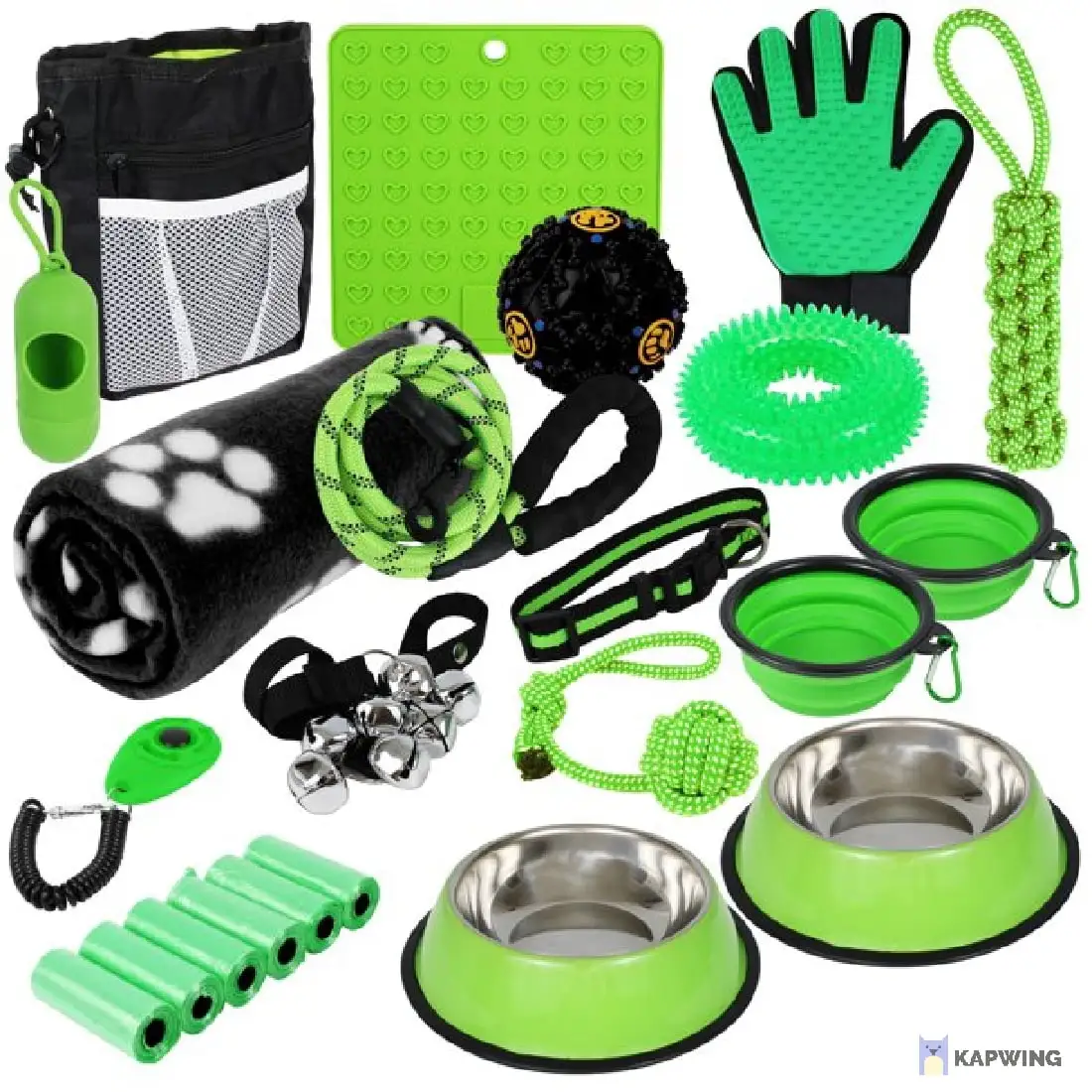 SETONWARE Puppy Starter Kit. Dog Toys. Dog Bed Blankets. Puppy Dog Grooming Tool. Training. Toys. Training Bells Dog Leashes Accessories for Dogs Gift for New Puppies Green 23 Pieces