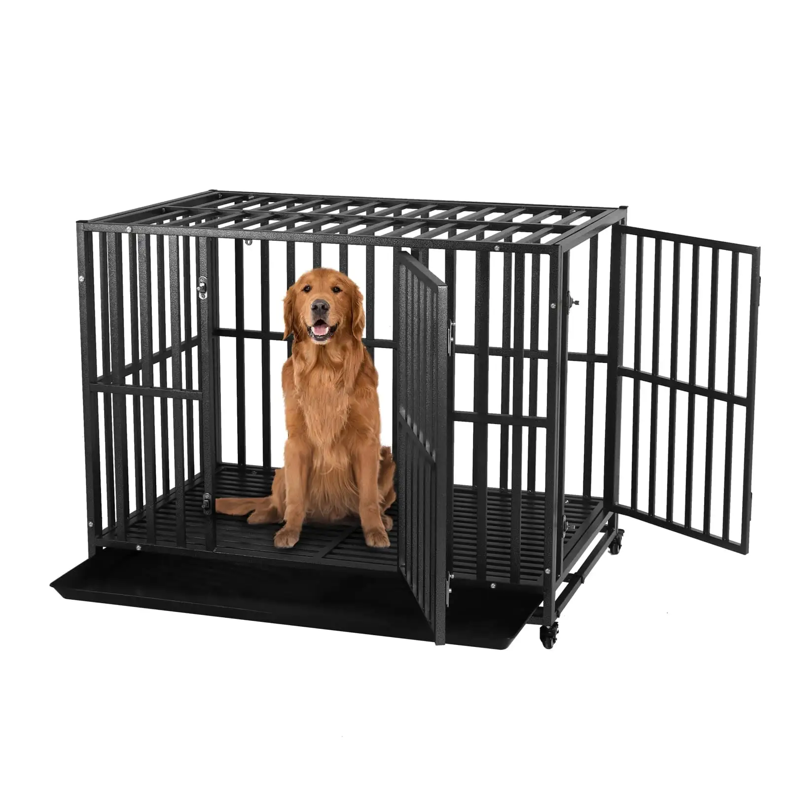 SMONTER Heavy Duty Dog Crate-42 inch Large Metal Dog Cage with 2 Doors and 4 Wheels. Stackable Dog Kennel for Large & Medium Dogs. Removable Tray