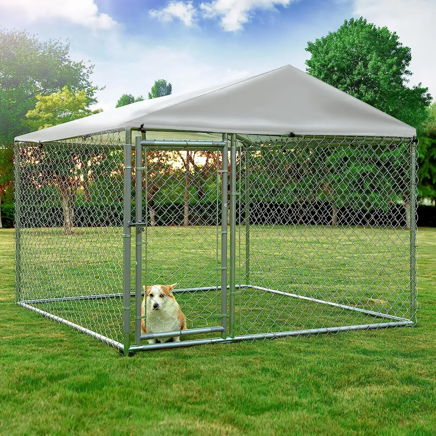 SOCIALCOMFY Outdoor Large Dog Kennel. Heavy Duty Dog Cage Pet House Galvanized Steel Fence Dog Playpen Puppy Exercise Pen Dog Run Cage w/UV & Waterproof Cover and Secure Lock(6.48'Lx6.48'Wx5.18'H)