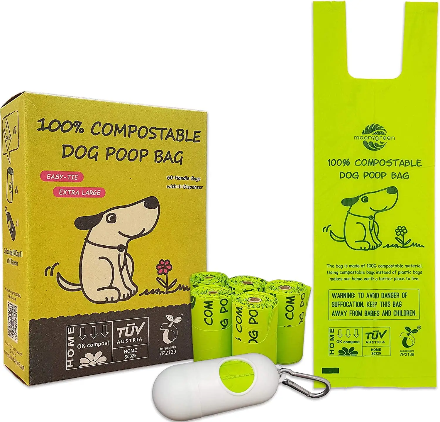 [PROMOTION NOW!!] MoonyGREEN Compostable Dog Poop Bag with Handles. Unscented. 60 Counts with Dispenser