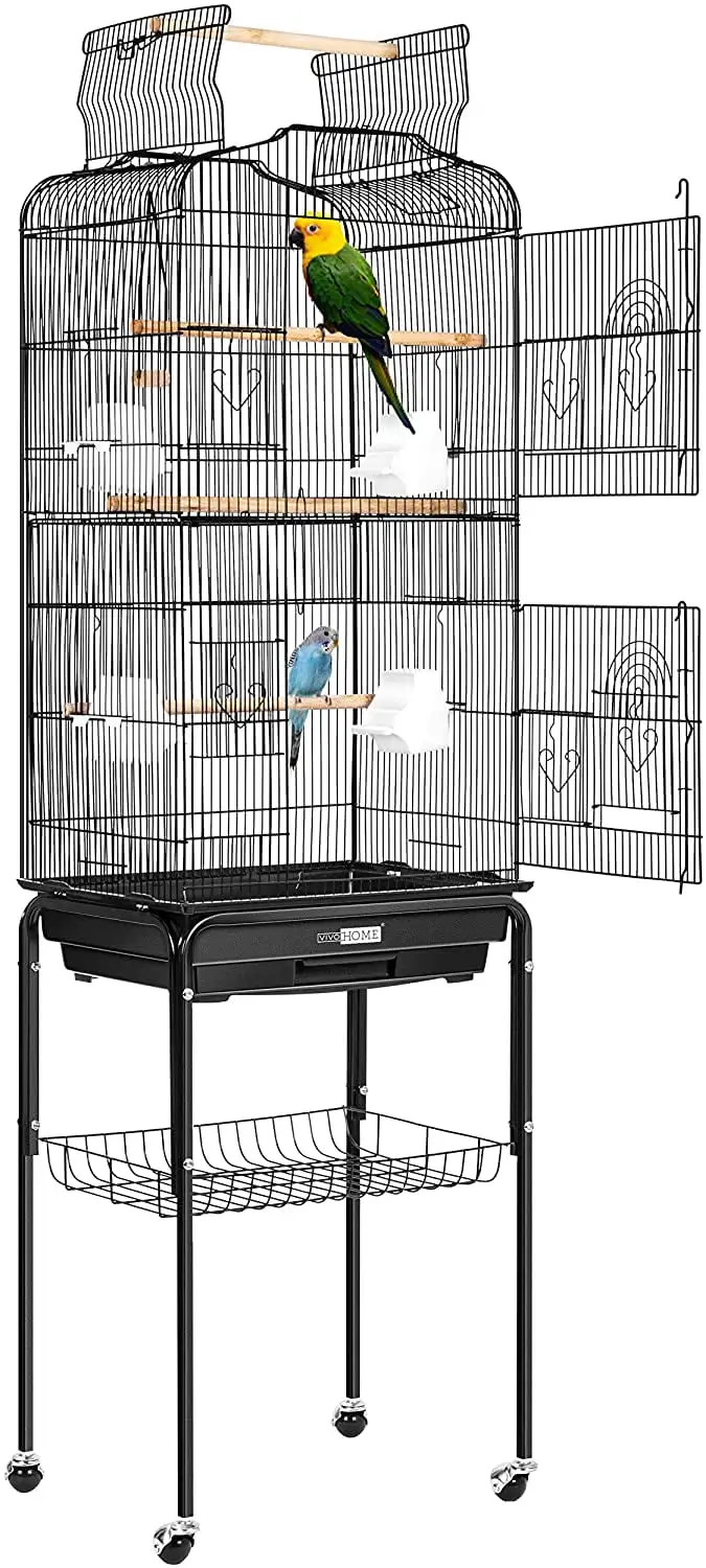 SPECSTAR 60 Large Rolling Metal Bird Cage with Play Top for Parrots Conures Lovebird Cockatiel Parakeets. Black