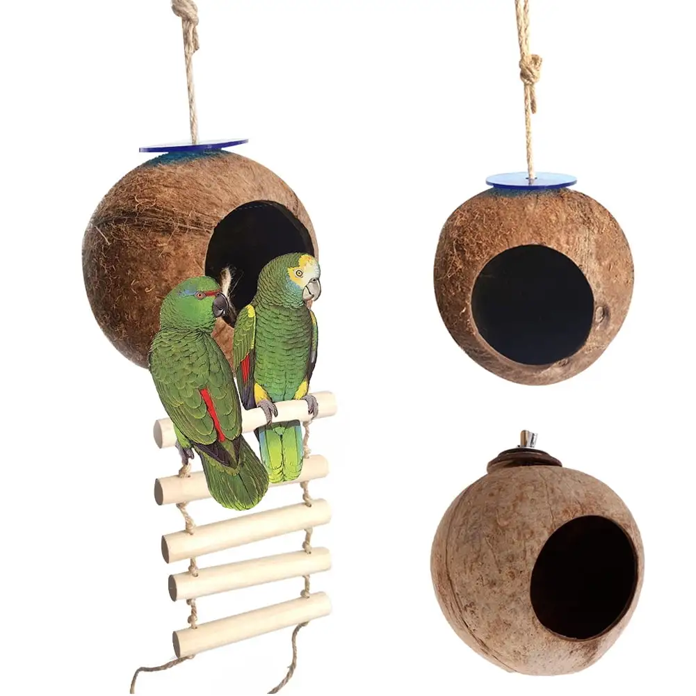 SPRING PARK Coconut Bird Nest Hut with Ladder for Parrots Parakeet Conures Cockatiel - Small Animals House Pet Cage Habitats Decor