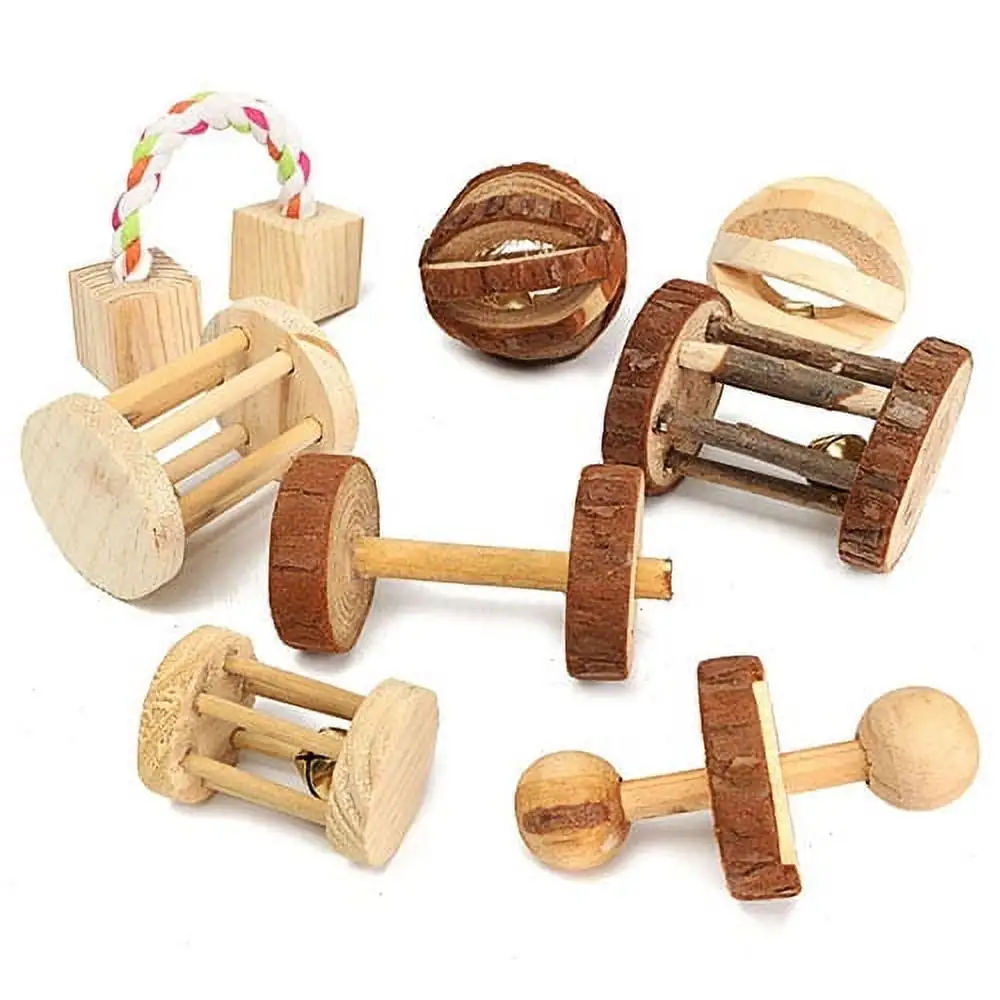 SPRING PARK Hamster Chew Toys. Natural Wooden Pine Guinea Pigs Rats Chinchillas Toys Accessories Dumbells Exercise Bell Roller Teeth Care Molar Toy for Bunny