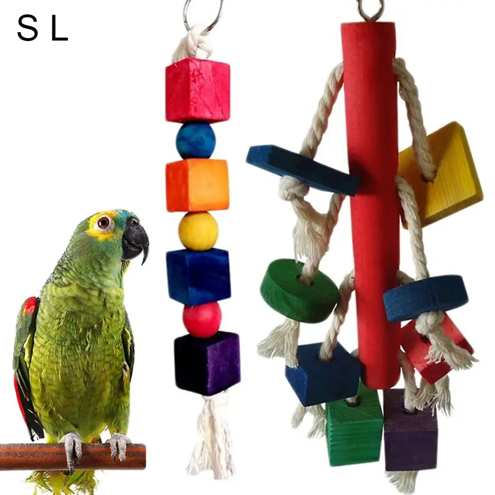 SPRING PARK Wooden Knots Block Parrot Toys with Bells. Bird Chewing Cotton Rope Toy for Medium and Large Parrots.Cockatoo.African Grey.Macaws