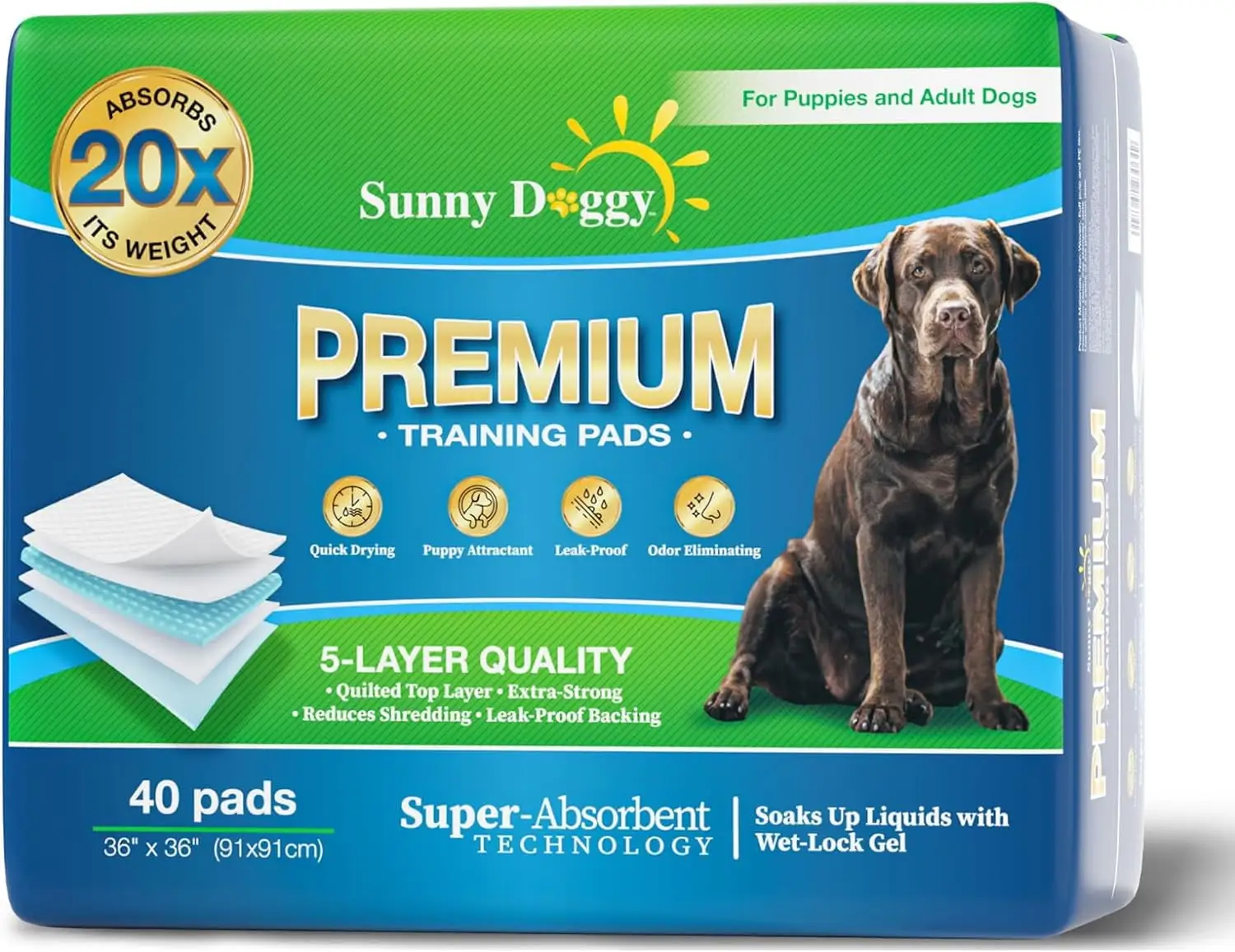 SUNNY DOGGY Pee Pads for Dogs Extra Large 36x 36. 40 Count Puppy Pads Pet Training Pads Disposable Upgraded Odor Control. Potty Pads Absorbent and Leak-Proof Dog Housebreaking & Puppy Supplies