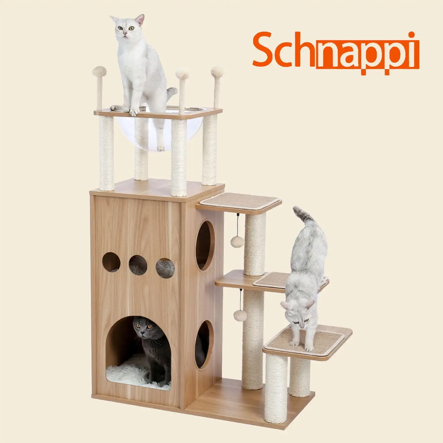 Schnappi 51 Wooden Cat Tree.Cat Tree with Scratch Post for for Indoor Big Cats.51 Extra Tall Cat Condo Sturdy Castle with Clear Bowl for Kittens Maine 20Lbs.Beige