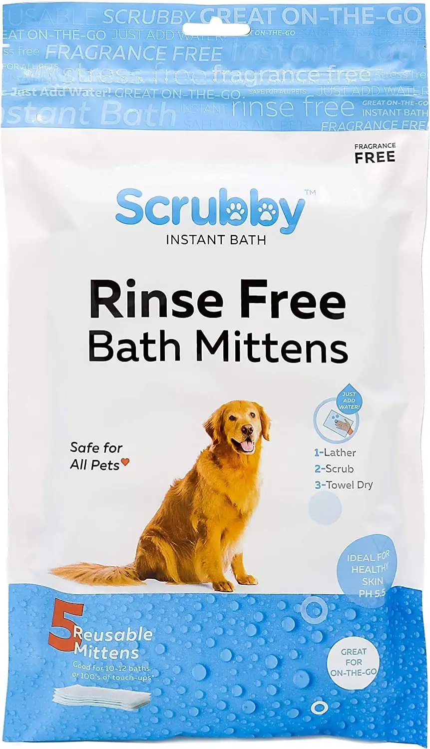 Scrubby Pet No Rinse Pet Wipes. Rinse Free Shampoo Mittens for Dogs and Cats. Bath Wipes for Bathing and Washing Pets. Hypoallergenic No Rinse Wash Mitt for Grooming. Lather Wipe Dry - 5 Pack