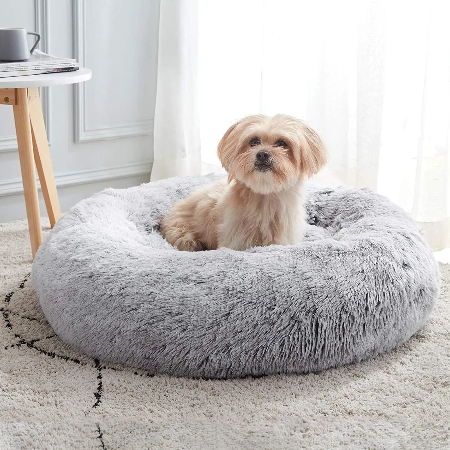 Seasonwood Dog Bed for Small Medium Dogs and Cats.Anti-Anxiety Donut Warming Cozy Soft Fluffy Calming Round Pet Bed.20'' Gray Washable