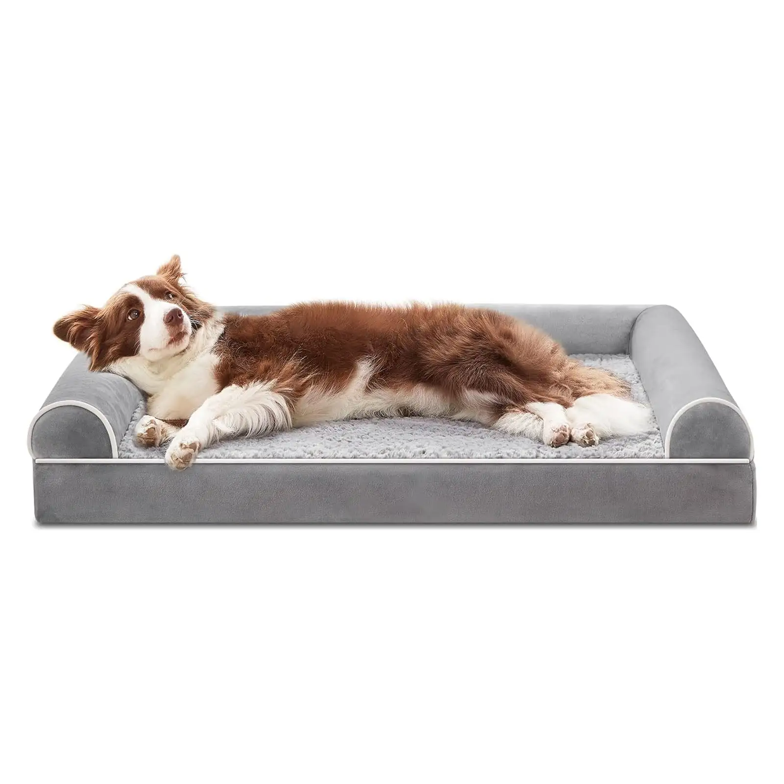 Seasonwood Large Pet Bed with Removable Cover for Extra Large Dogs Faux Fur Sofa-Style 47x32 inch.Light Gray