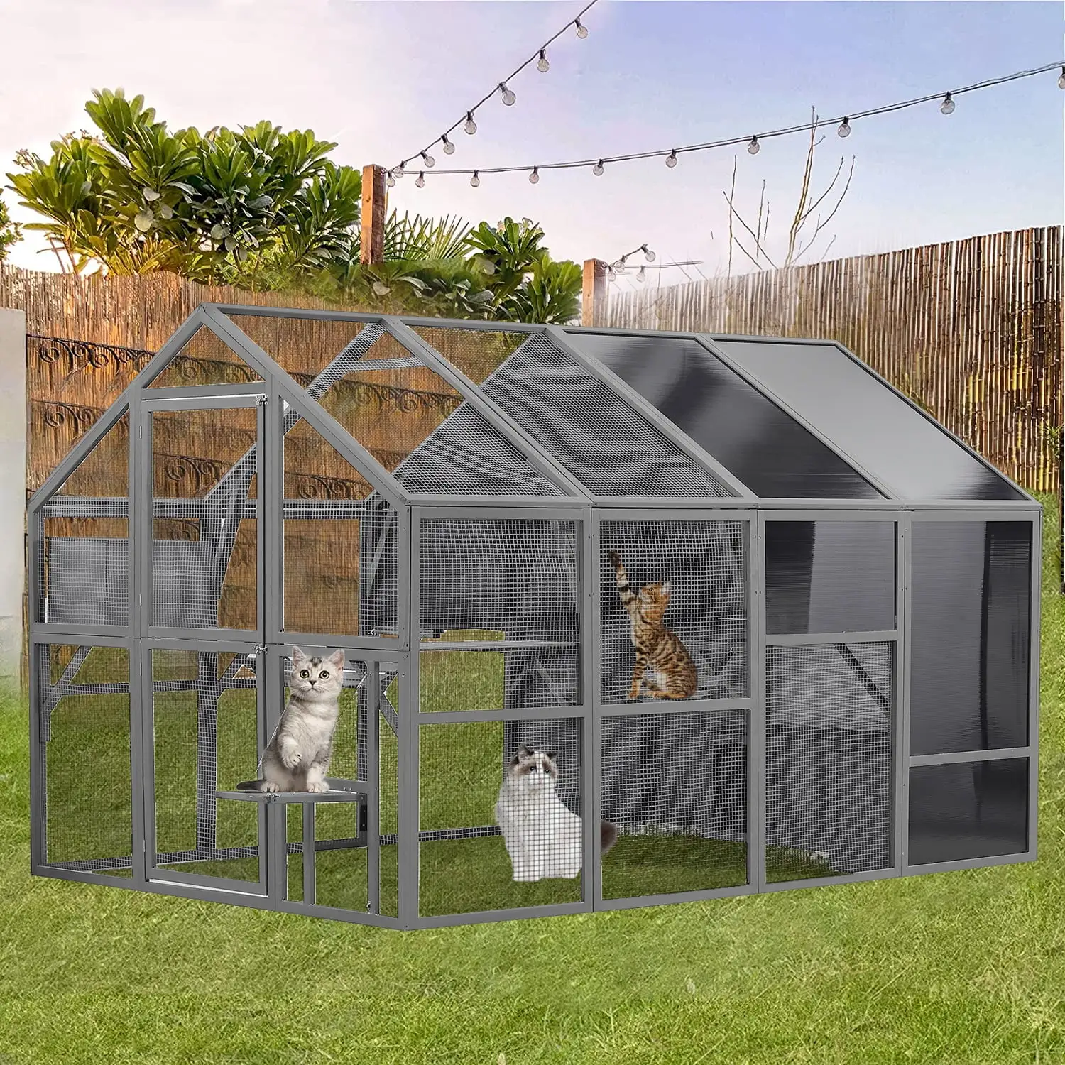 Segmart Cat House Outdoor Catio. 108.7'' Weatherproof UV Proof Walk-in Catio Large Cat Enclosure Surper Large for 15-20 Cats. Cat Cage Iguana Cage with Sunshine Board & Bouncy Bridge. Dark Grey