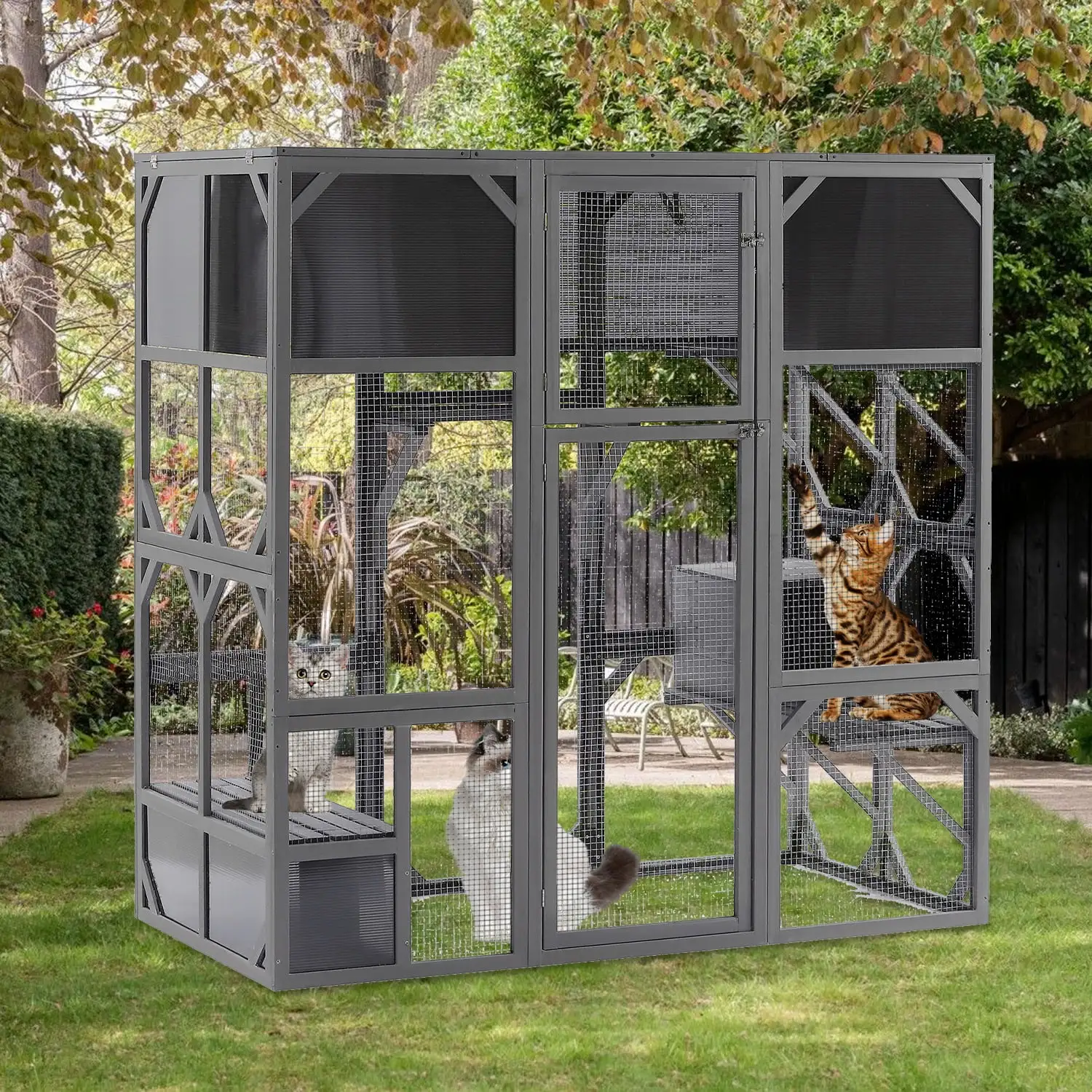 Segmart Cat House Outdoor Catio Wooden Walk-in Cat Enclosure Large for Multiple Cats. Upgrade Luxurious Cat Condo with Sunshine Board. Dark Grey