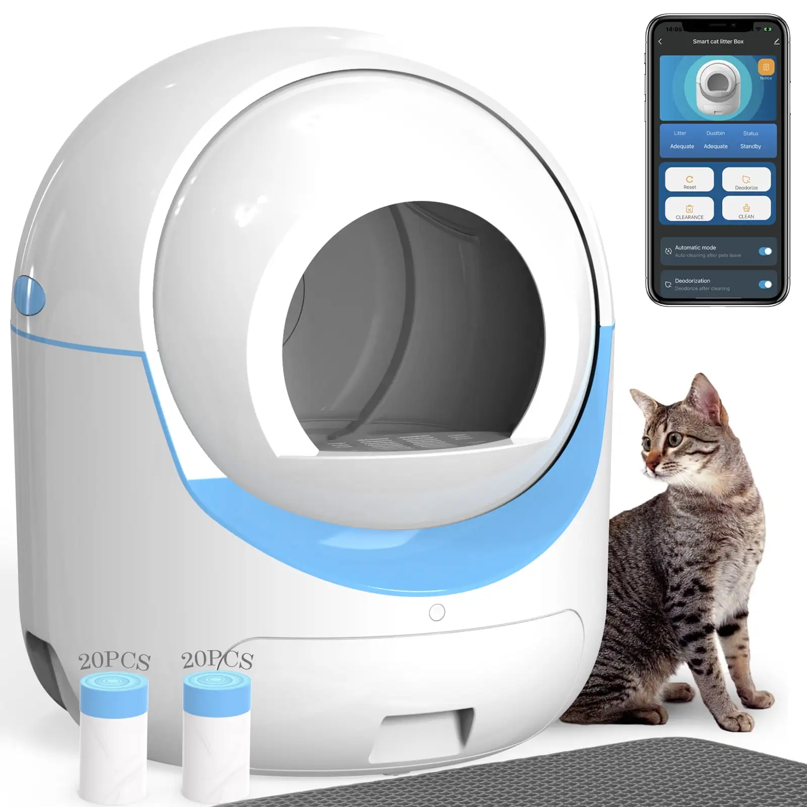 Self Cleaning Cat Litter Box. Automatic Litter Box with 2.4G Wifi APP Control . 40 Litter Liners&Mat