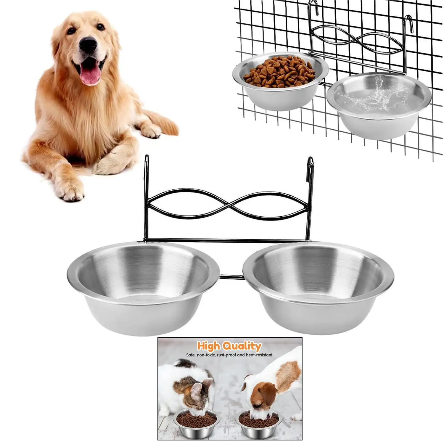 Set of 2 Dog Crate Dog Bowls Hanging. Kennel Water Bowl. Dog Crate Water Bowl Non Spill Stainless Steel Food Water Bowls Bunny Feeder with Hook for Dogs Cats in Crate Cage Kennel - Dishwasher Safe