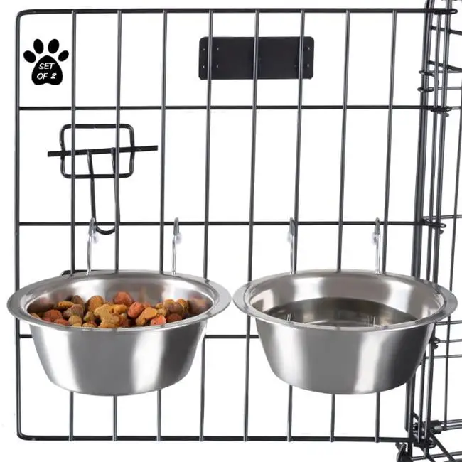 Set of 2 Stainless-Steel Dog Bowls Cage Kennel and Crate Dog Bowls Hanging for Food and Water 20oz Each and Dishwasher Safe by PETMAKER