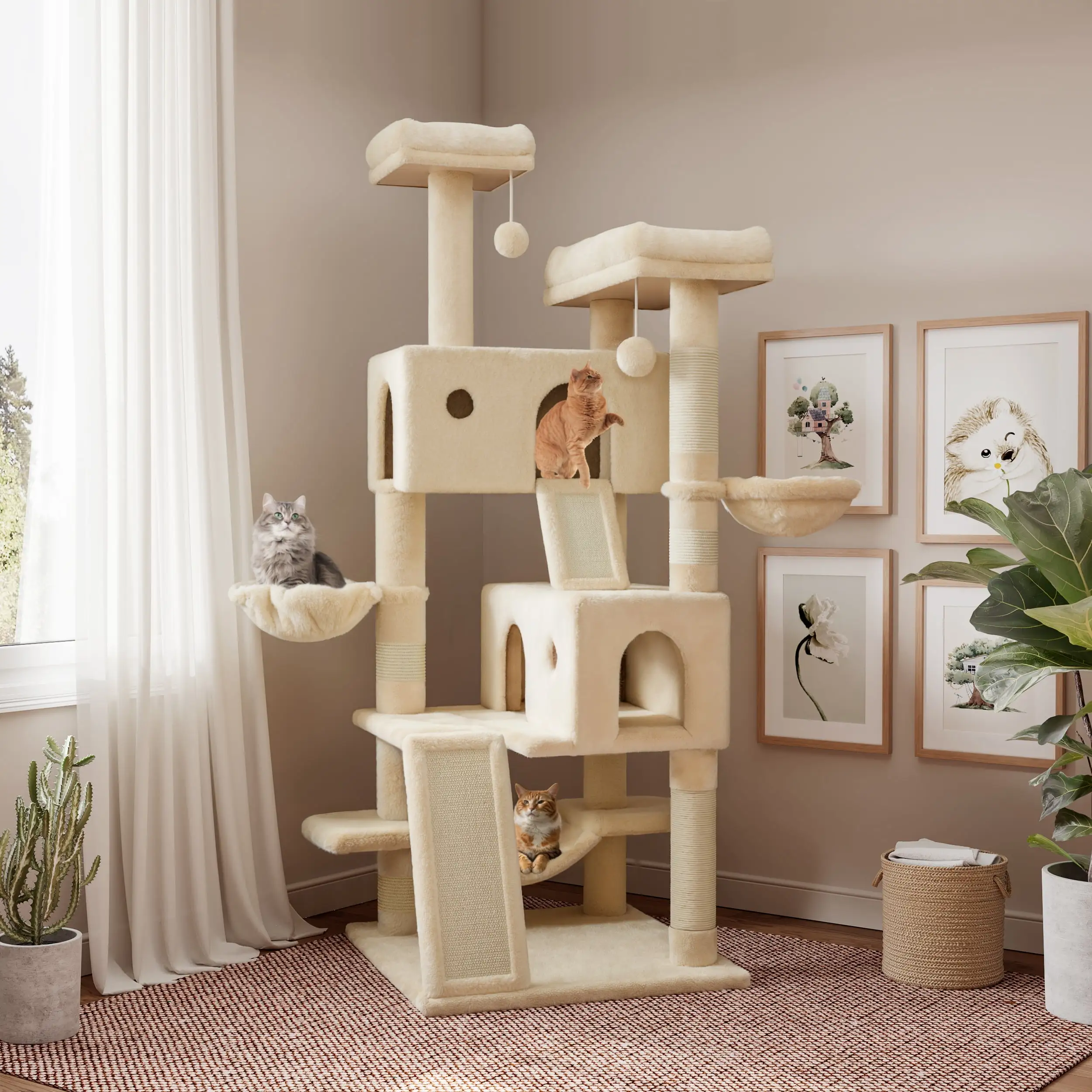 Sha Cerlin 65.7 Cat Tree Tower and Condo for Large Cats with Hammock & Scratching Posts. Beige