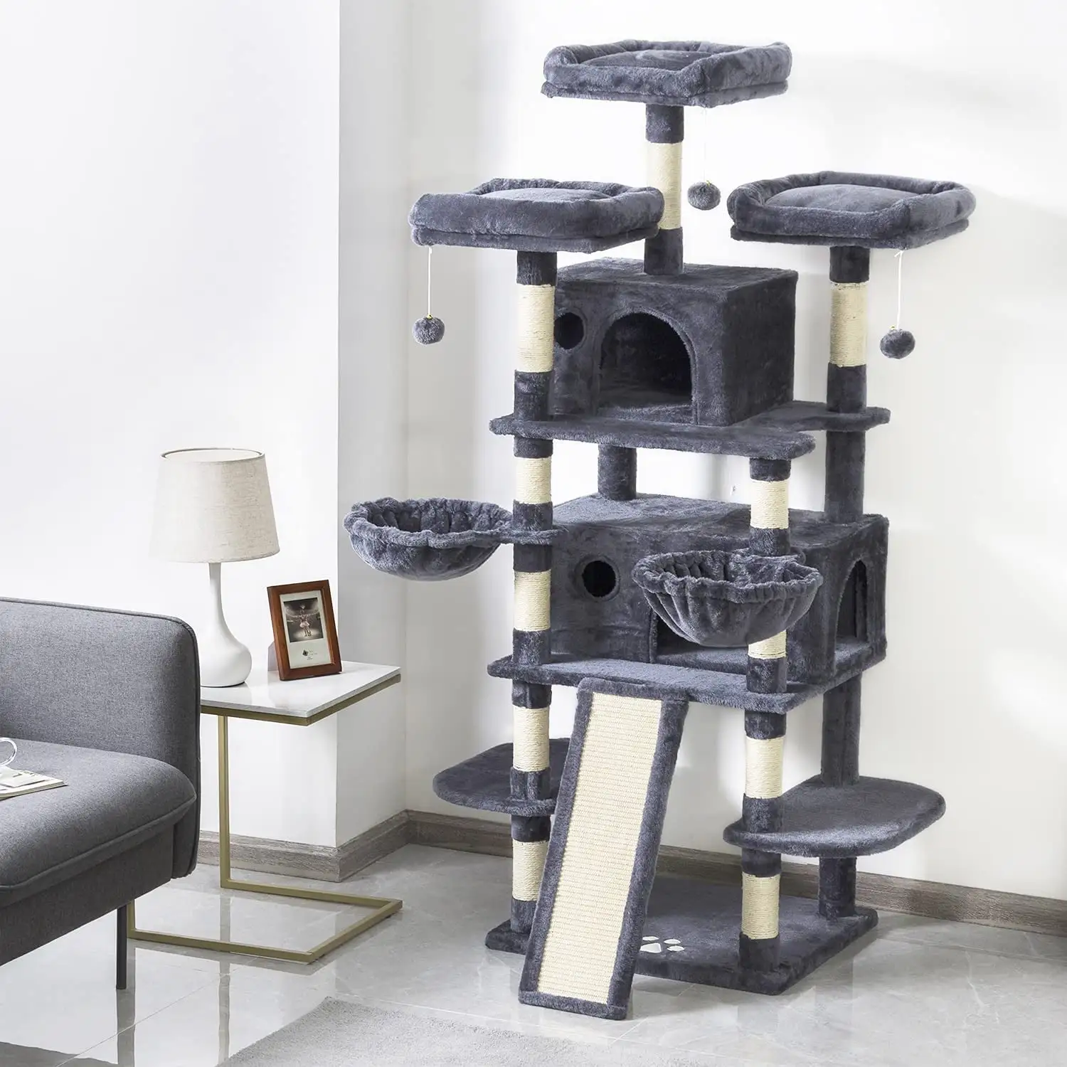 Sha Cerlin 68'' Bluish-grey Cat Tree and Tower for Large Adult Cats with Sisal Scratching Posts. Multi Level