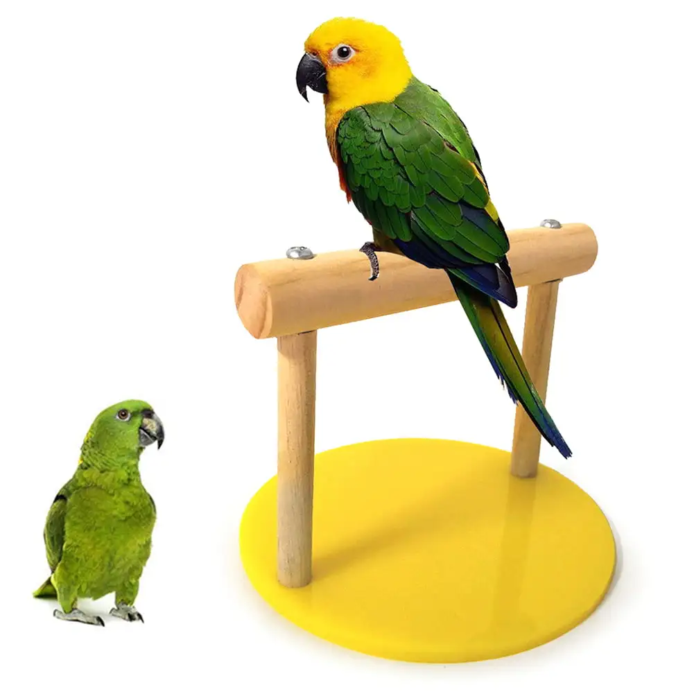 Shulemin Pet Bird Parrot Wooden Table Stand Perch Cage Decor Gym Playground Play Toy.Yellow + Wood