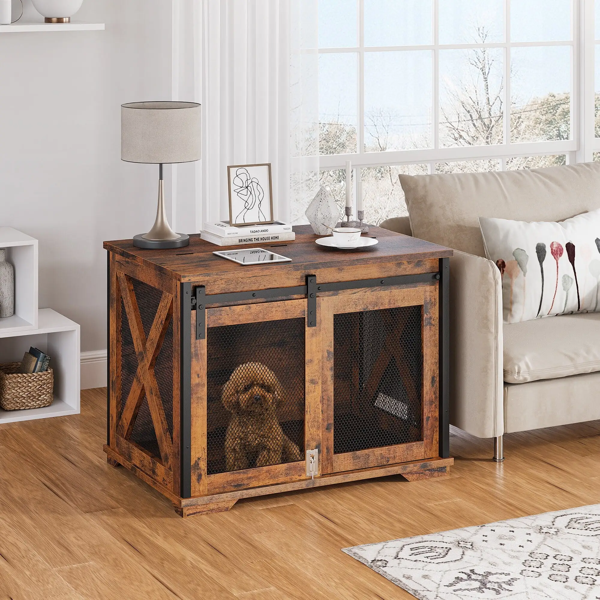 Sliding Doors Dog Crate Furniture Brown