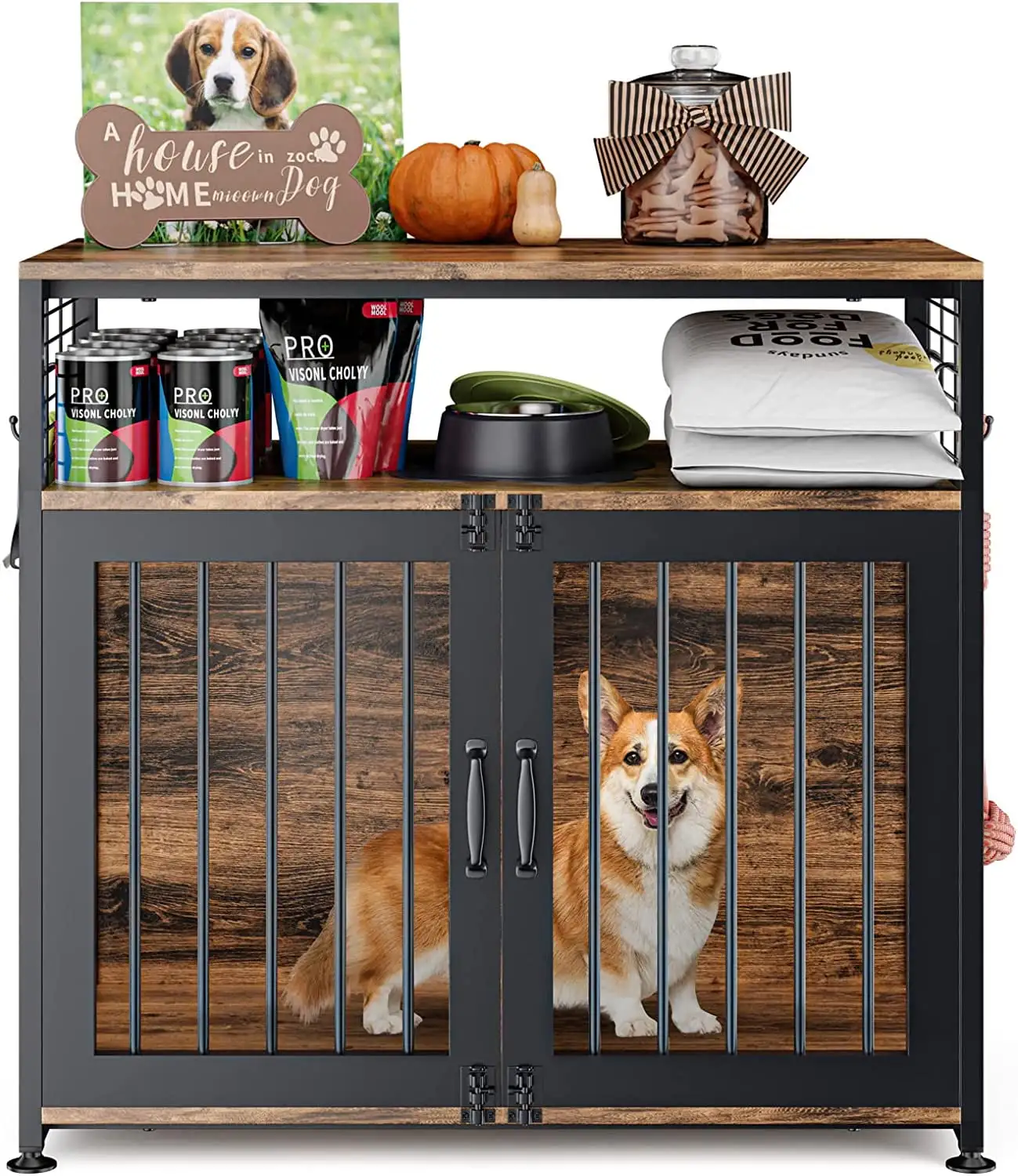 Slsy Dog Crate Furniture. 33'' Wooden Dog Crate for Medium/Small Dogs. Heavy Duty Dog Kennels with Double Doors. Dog Crate with Storage Side End Table (33''L x 18.5''W x 31''H)