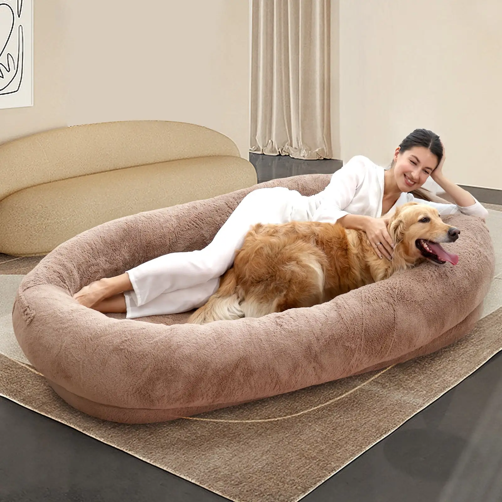 Slsy Human Dog Bed. 72x51x12 Giant Dog Bed for Adults and Pets. Washable Large Bean Bag Bed for Humans (Large.Khaki)