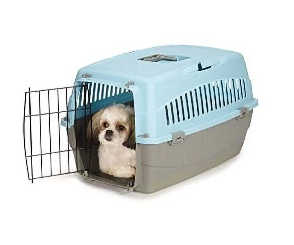 Small Dog Cat Pet Travel Crate Lightweight Pet Carrier Plastic & Wire Kennel Cab(Medium Bluebell)