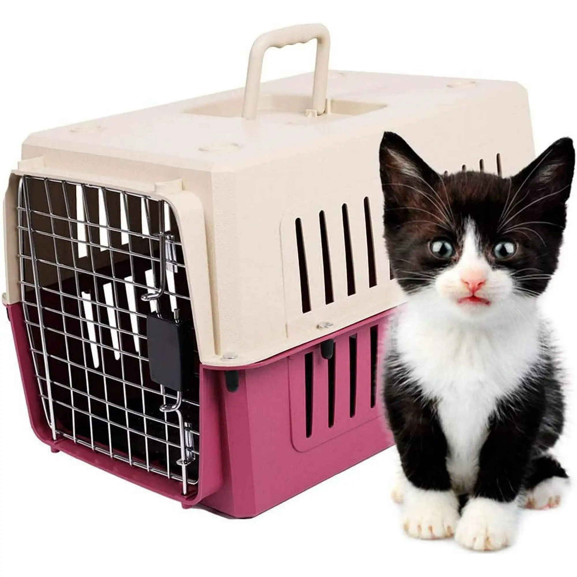 Small Plastic Cat & Dog Carrier Cage Portable Pet Box Airline Approved Pet Kennel 16.5lbs Weight Capacity. Red