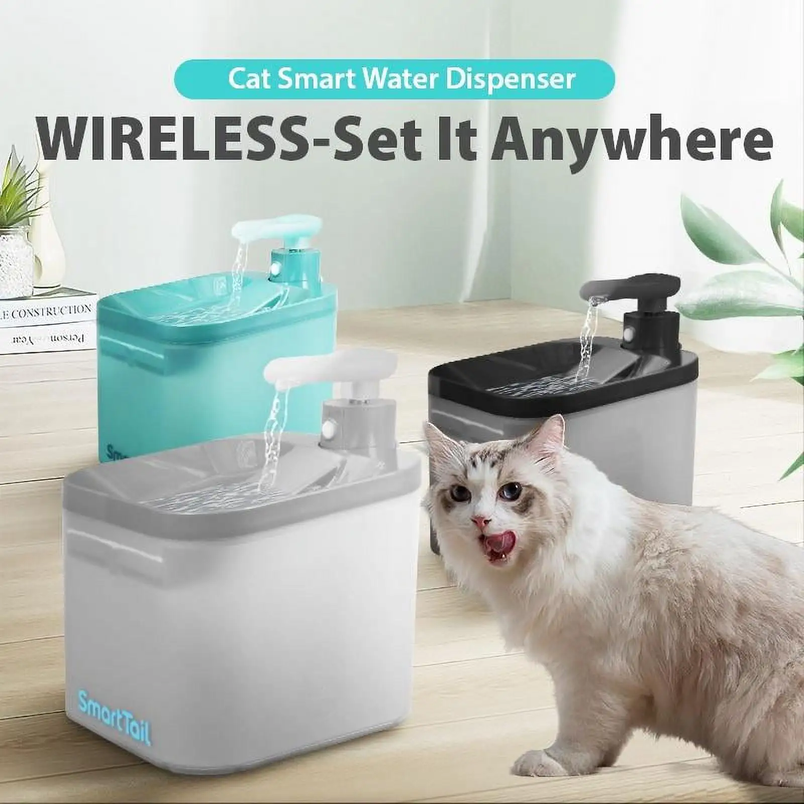 Smart Tail Cat Water Fountain. Wireless Pet Fountain Battery Operated 74.4oz/2.2L Inside with Ultra-Quiet Pump. 2 Flow Modes BPA-Free Suitable for Cats and Dogs (Gary)