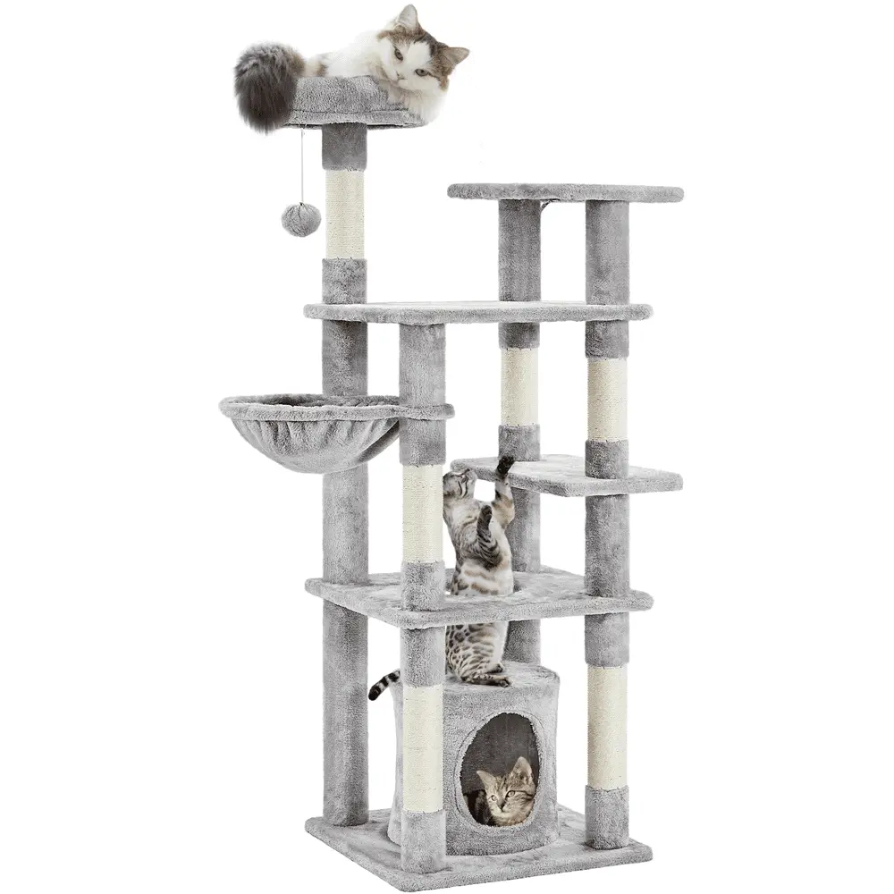 Smile Mart Upholstered 6-Level 56.5 Cat Tree with Scratching Posts. Light Gray