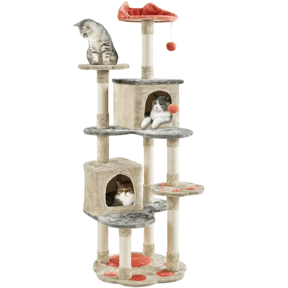 SmileMart 65?? Tall Cat Tree Paw-Shaped Play Tower for Small/Medium Cats. Beige