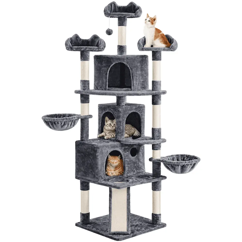 SmileMart 76.5 H Large Cat Tree Tower with 3 Condos Cozy Perches Dangling Ball. Dark Gray