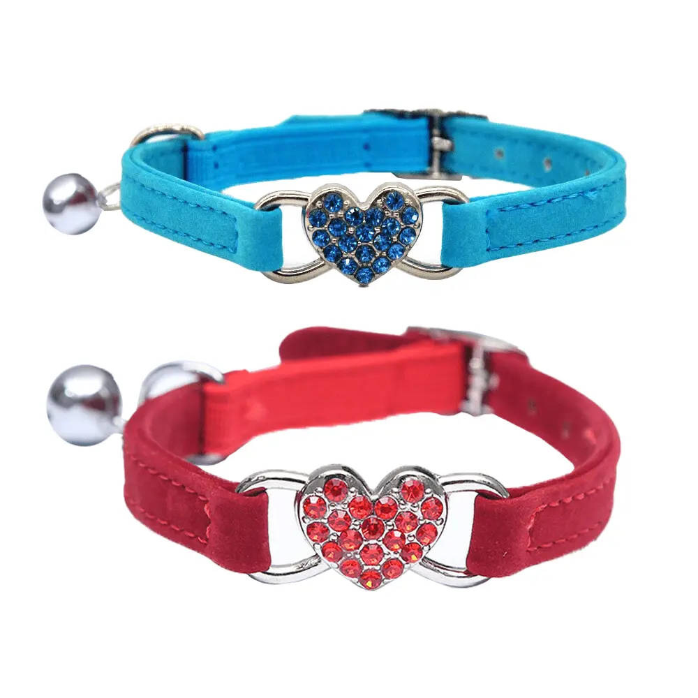 Soft Velvet Safe Cat Adjustable Collar with Crystal Heart Charm and Bells