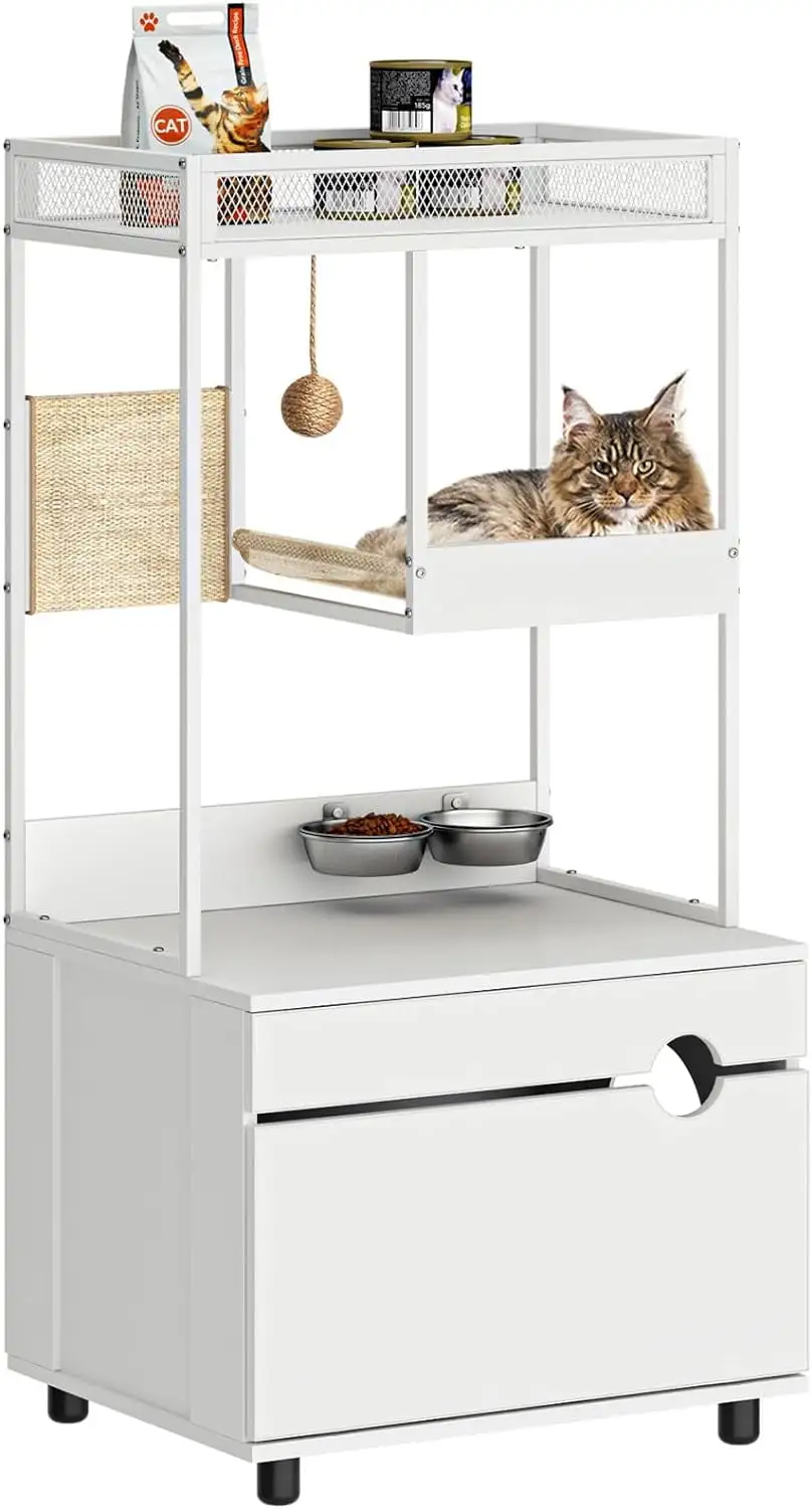 Soges Cat Tree Tower with Cat Condo. Cat Litter Box Enclosure Furniture with Storage Shelf. Cat Cabinet with Shelves and Doors. White