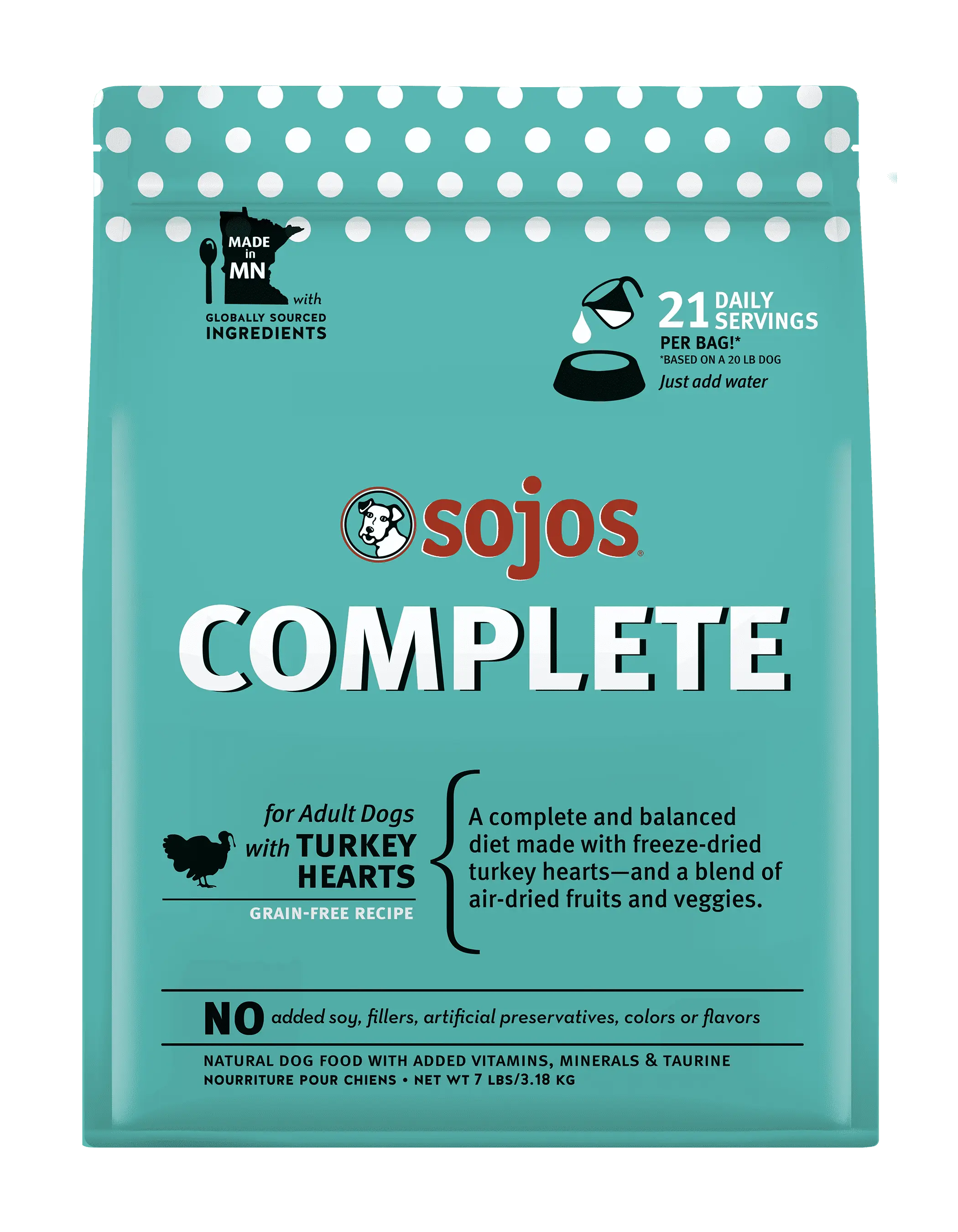 Sojos Complete Turkey Recipe Adult Grain-Free Freeze-Dried Raw Dog Food. 7 Pound Bag