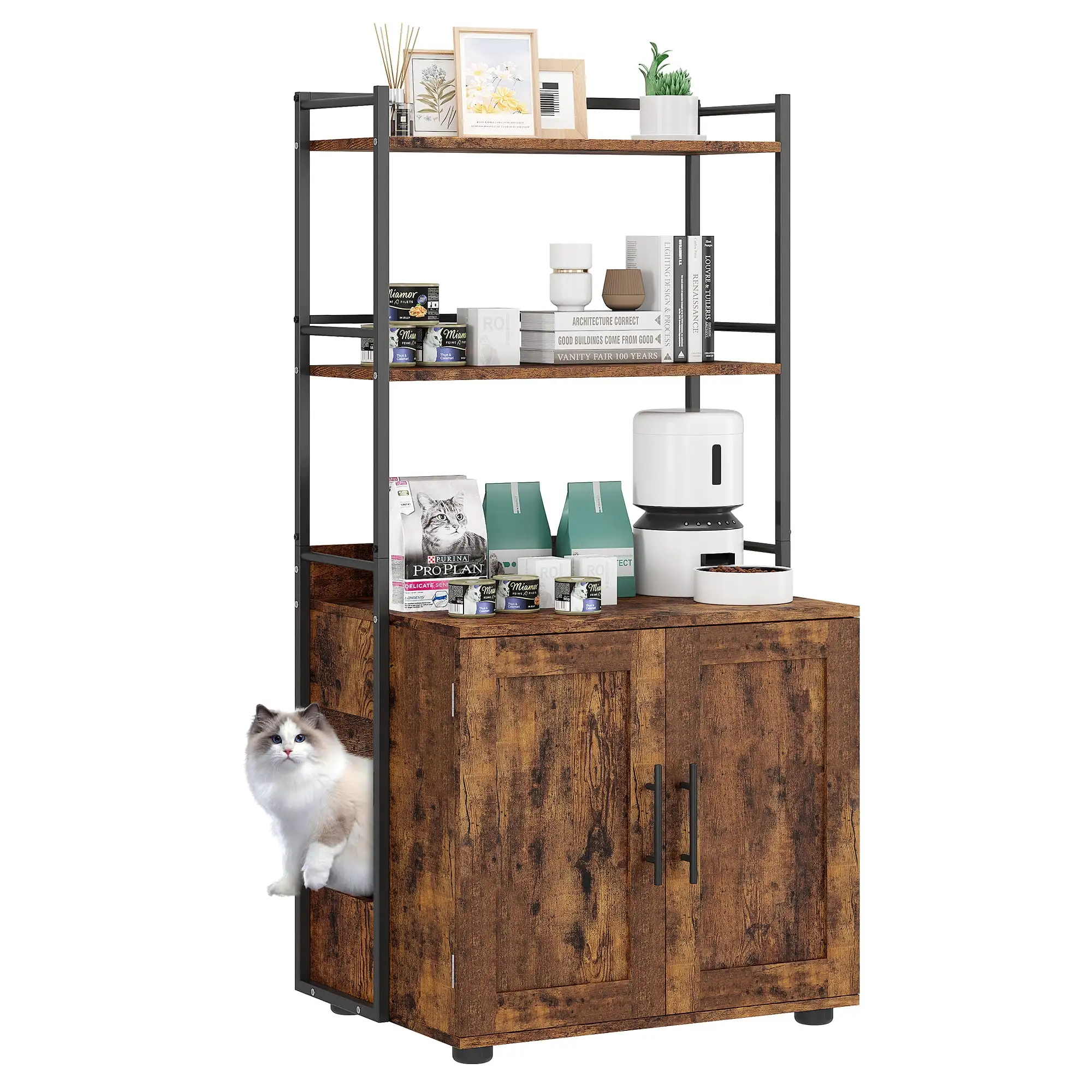 Soonbuy 2-in-1 Hidden Cat Washroom Furniture. with 3 Shelves and Door. Rustic Brwon