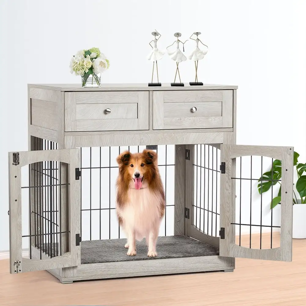 Soonbuy 3-Doors Dog Crate Furniture with 2 Drawers. Gray. L