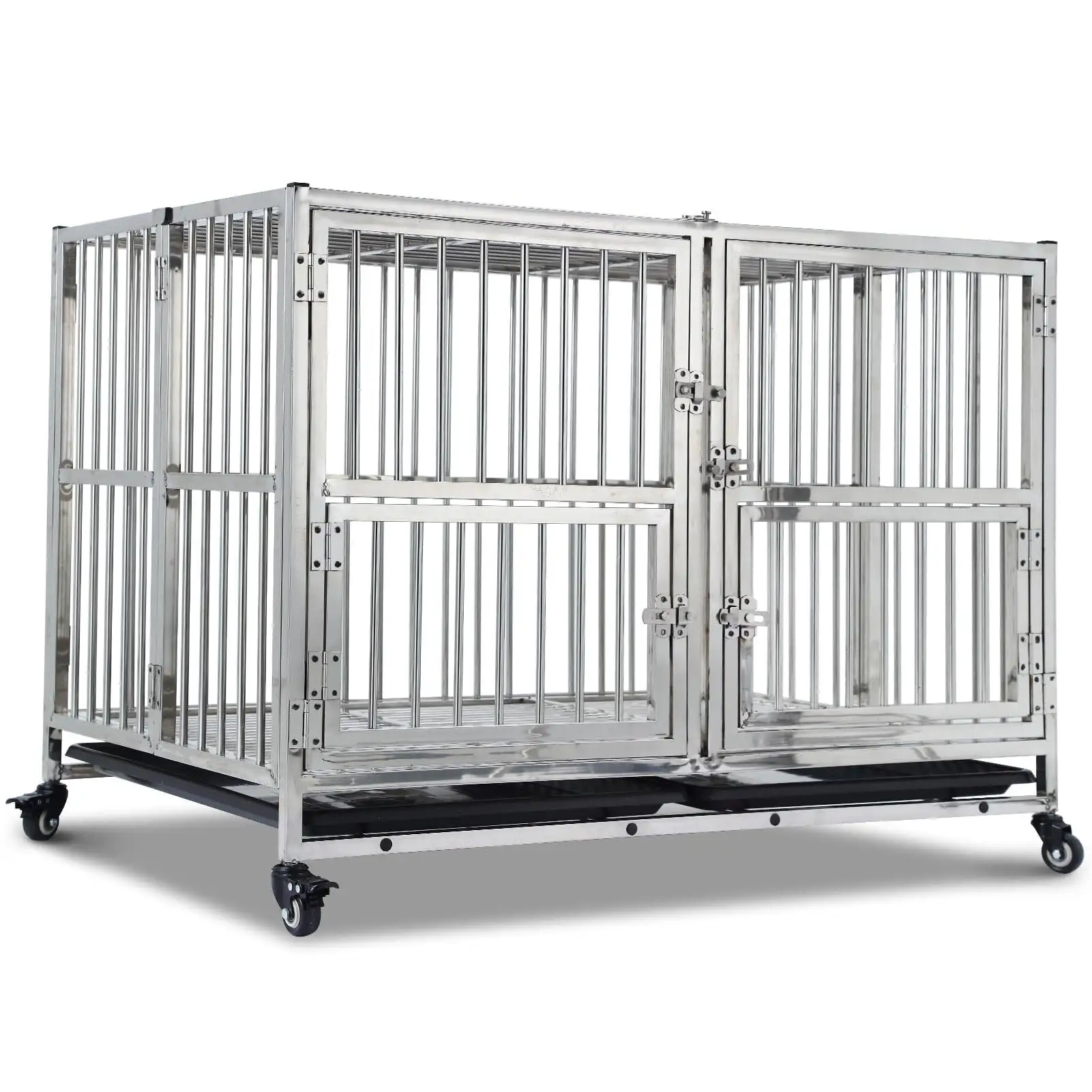 Soonbuy 38/42/48 Heavy Duty Dog Crate Cage Kennel. Escape Proof. with Wheels/Lock/Removable Tray. Silver