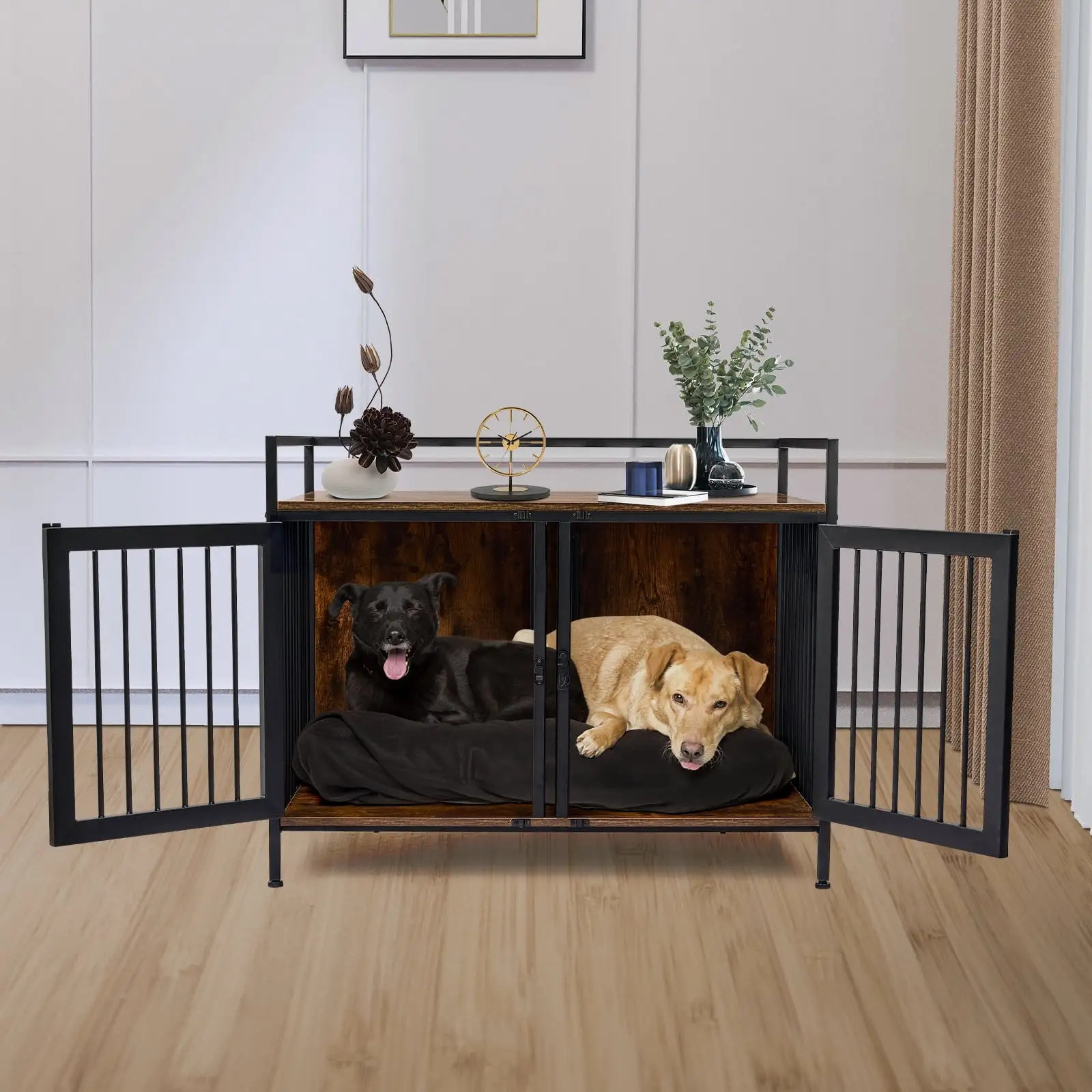 Soonbuy 39 Heavy Duty Dog Crate Table. 2 Rooms with Movable Divider. Brown