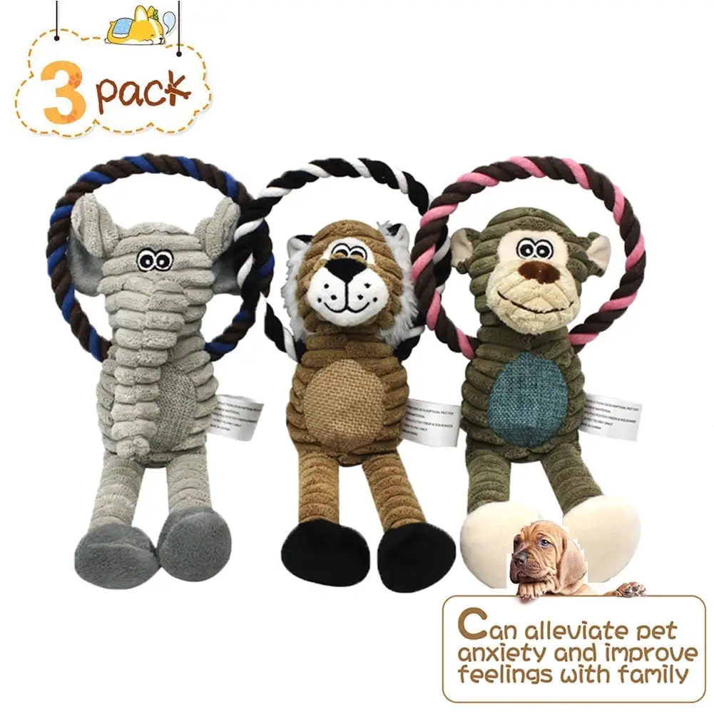 Squeaky Toys for Puppies. Value 3 Pack Set of Dog Chew Toy for Teething Chewing and Playtime. No Stuffing Plush Animal Dog Toy Set for Small Medium Large Dog Pets